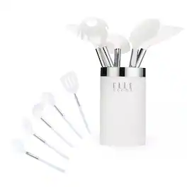 Elle Decor - 6-Piece Nylon Silicone Kitchen Utensil Set with Holder Marble Handle Professional Quality (Chrome Accents)