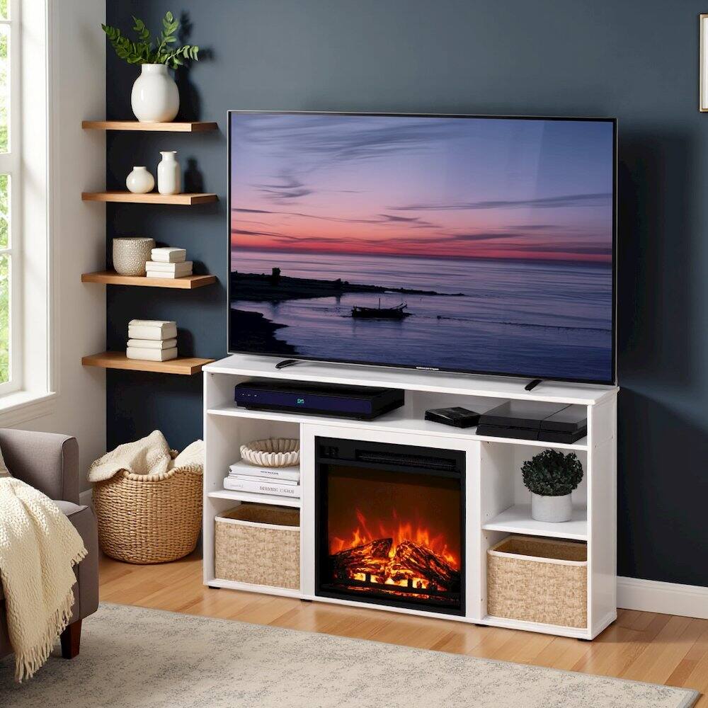 Alt View 2. FurniFact - TV Stand with Fireplace Insert and Six Open Shelves for 55 Inch Displays - White.