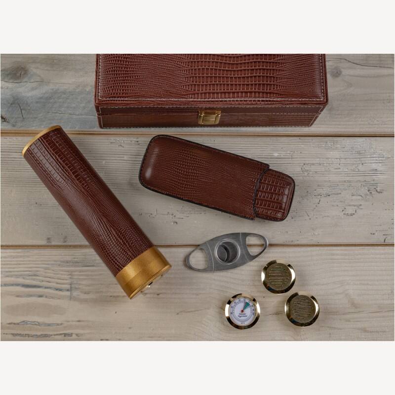 Left. Prestige - THE GatorBack Brown Cigar Humidor Gift Set - Brown Gator Skin Design Leather.