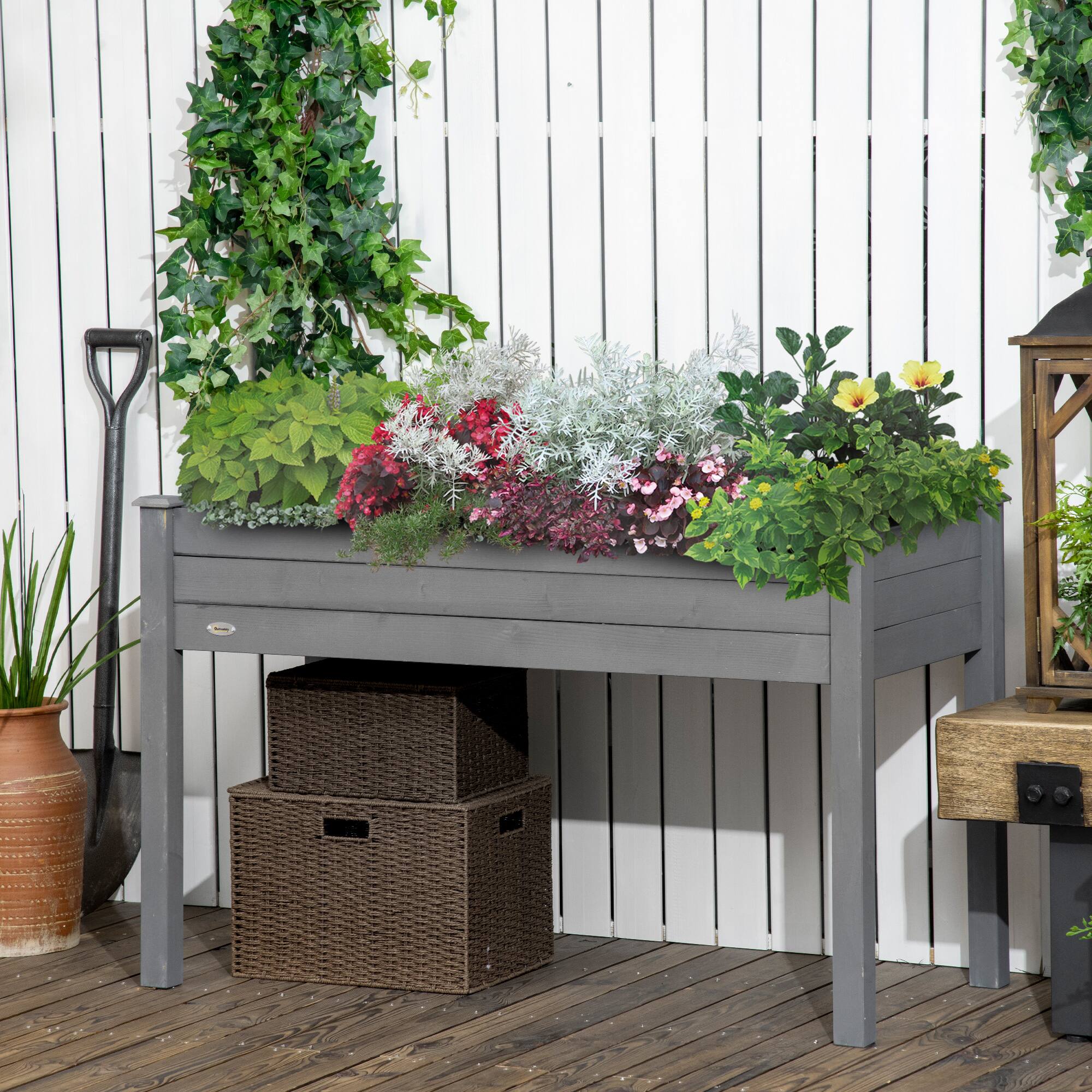 Alt View 1. Outsunny - Raised Garden Bed with Legs, 48" x 22" x 30", Elevated Wooden Planter Box, Self-Draining with Bed Liner for Vegetables - Dark Gray.