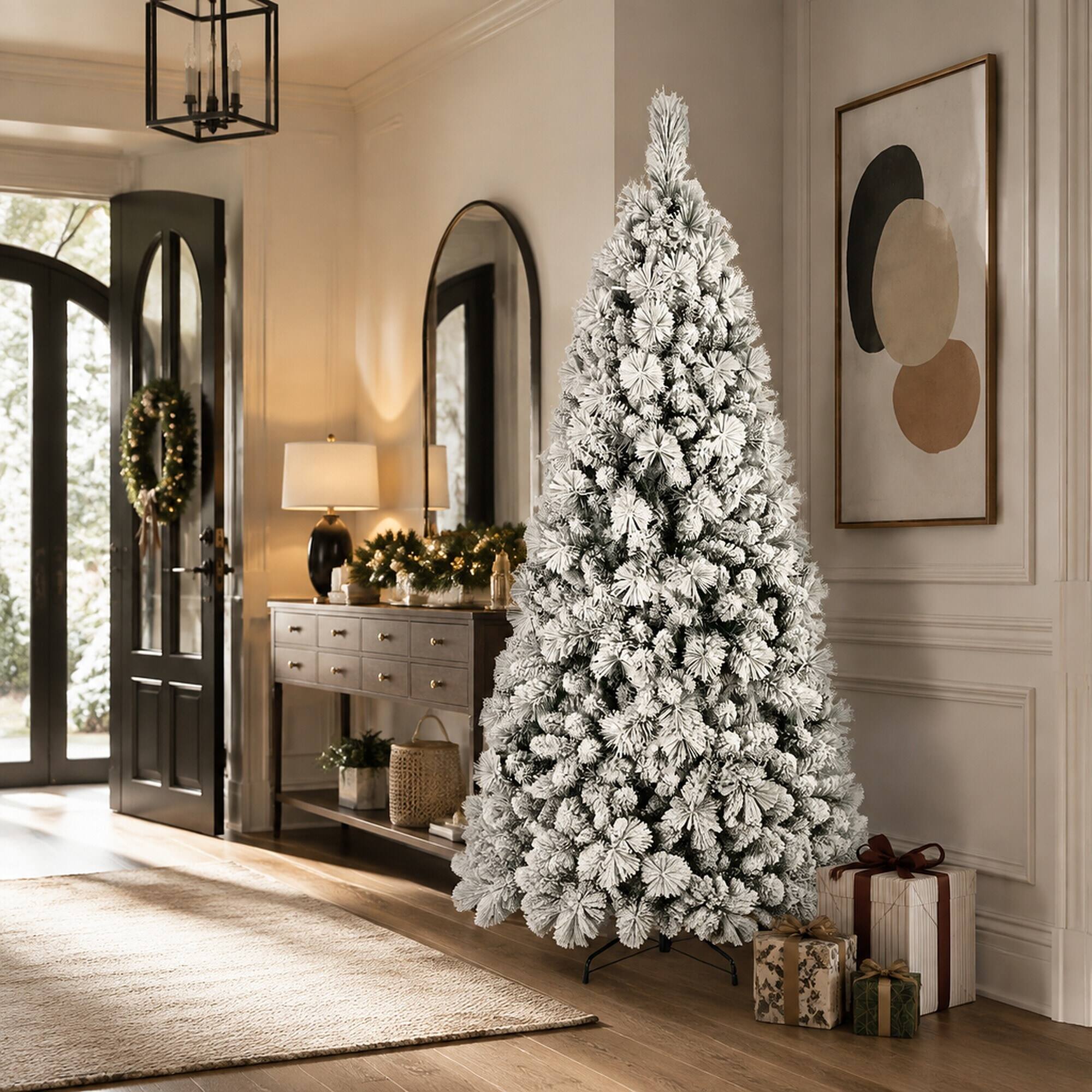 Alt View 2. RYHNUYNE - 6FT Flocked Christmas Tree, 752 Snowy PVC Hard Needle Branches Hinged Design Easy Setup Stable Metal Stand - Green,White.
