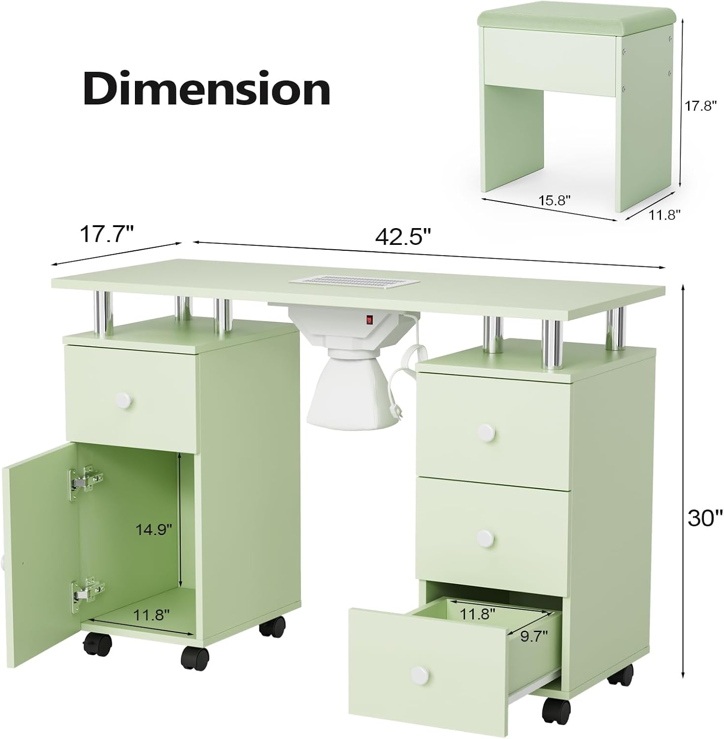 Dimension  
+ 17.7" 42.5" 15.8" 11.8" 14.9" 30" 11.8" 11.8" 9.7"