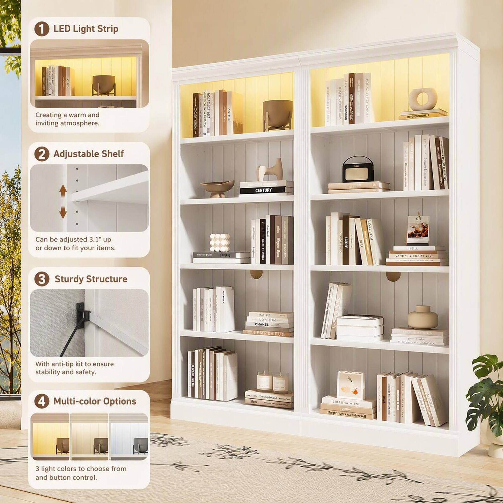 1. LED Light Strip
   - Creating a warm and inviting atmosphere.

2. Adjustable Shelf
   - Can be adjusted 3.1" up or down to fit your items.

3. Sturdy Structure
   - With anti-tip kit to ensure stability and safety.

4. Multi-color Options
   - 3 light colors to choose from and button control.