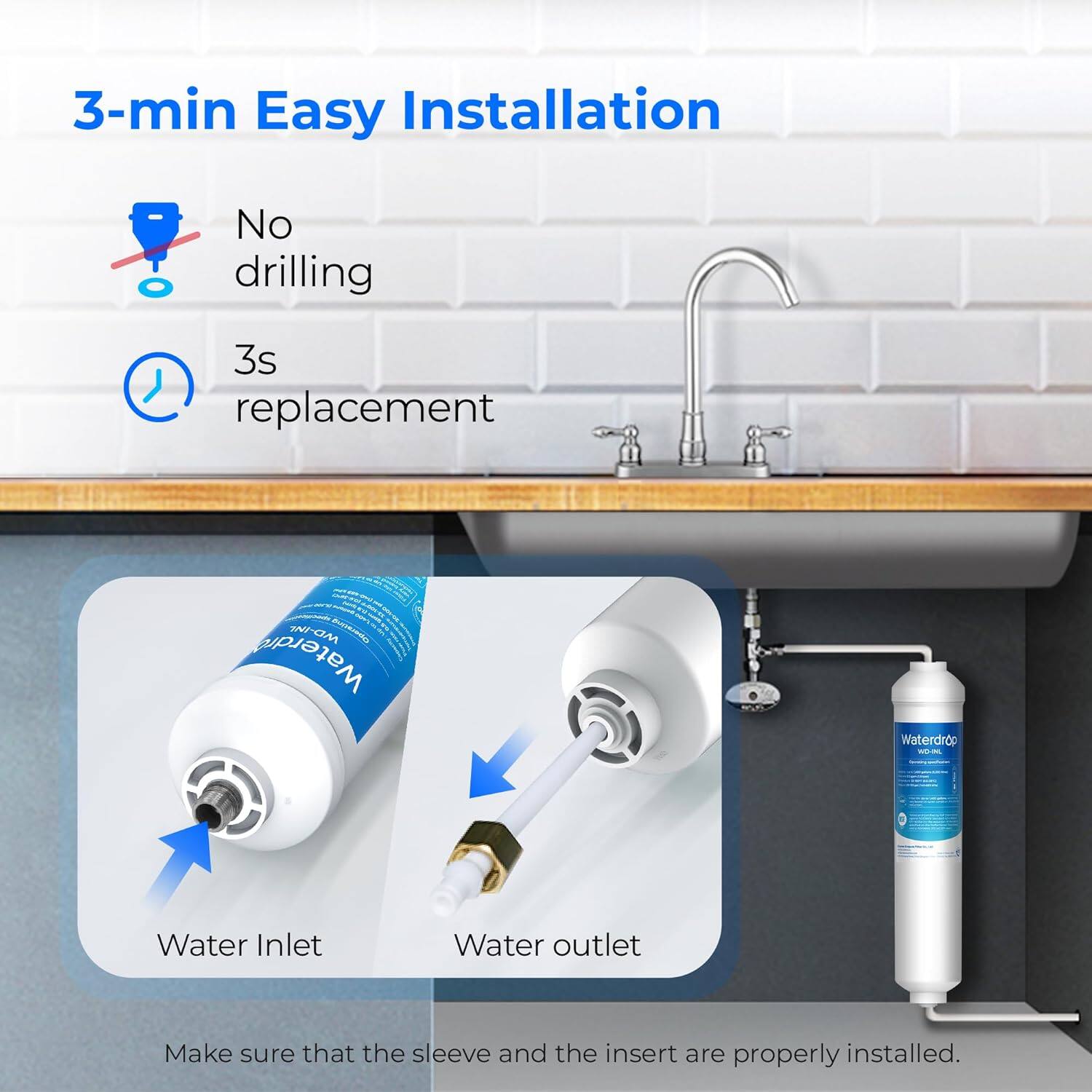 3-min Easy Installation  
No drilling  
3s replacement  

Water Inlet  
Water outlet  

Make sure that the sleeve and the insert are properly installed.
