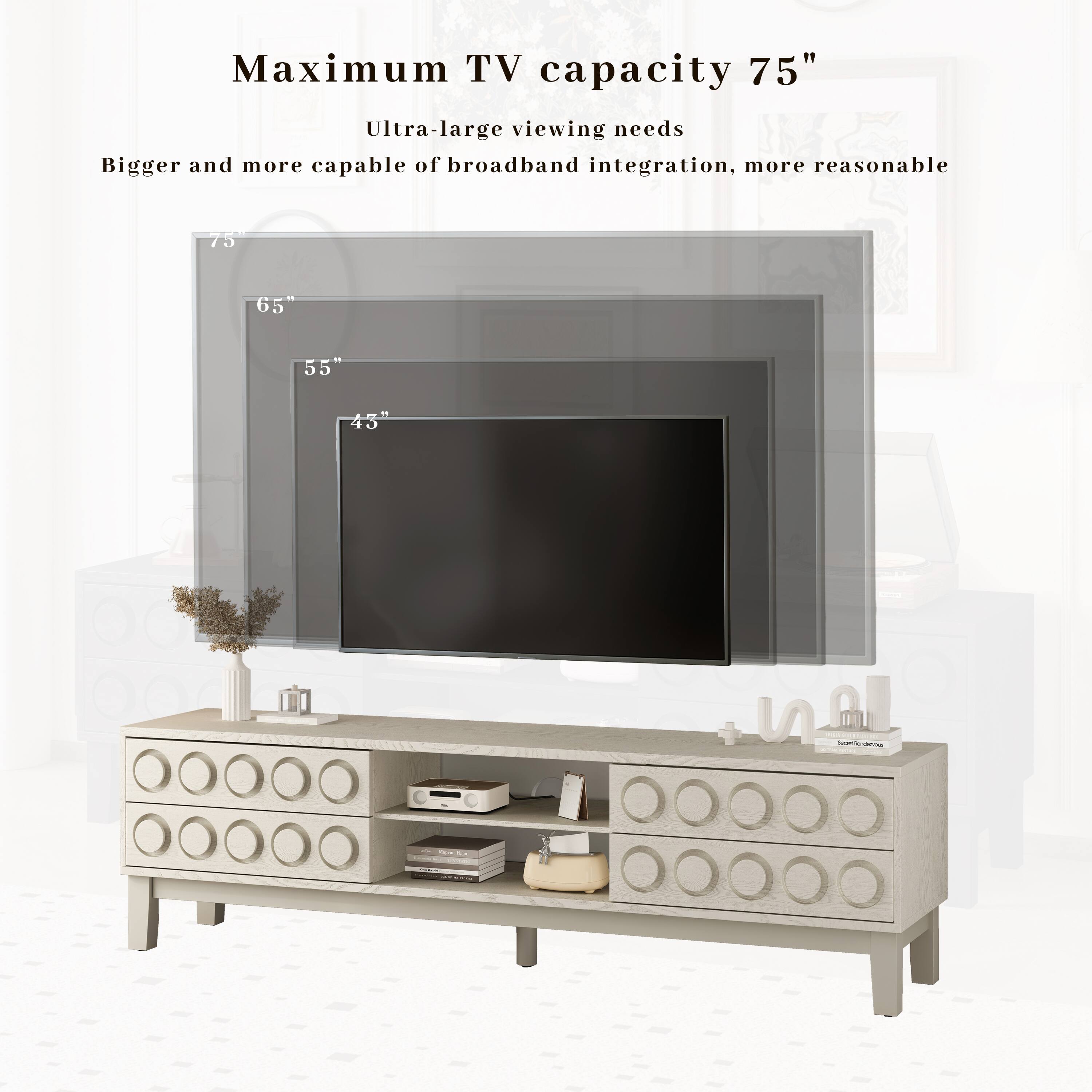 Maximum TV capacity 75"

Ultra-large viewing needs

Bigger and more capable of broadband integration, more reasonable

75"
65"
55"
43"