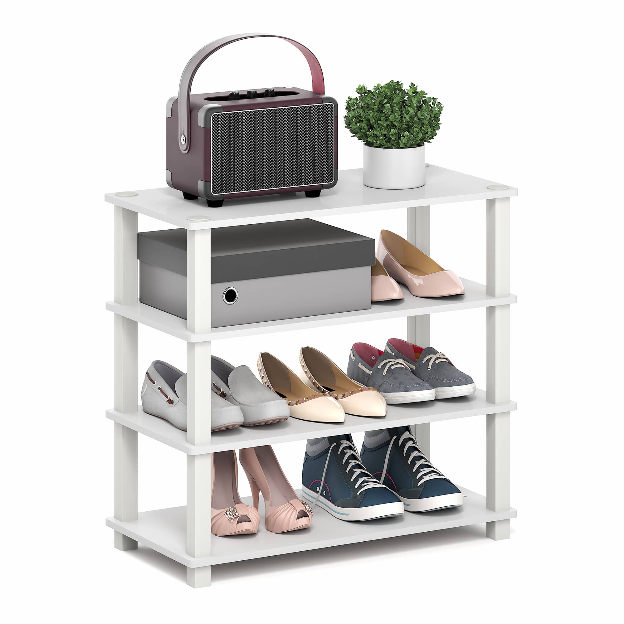 Furinno - TURN-S-TUBE Shoe Rack, 4-Tier Shoe Organizer, Shoe Storage, 11.6 x 23.6 x 22.3, for Closet Entryway, Office, Garage - White