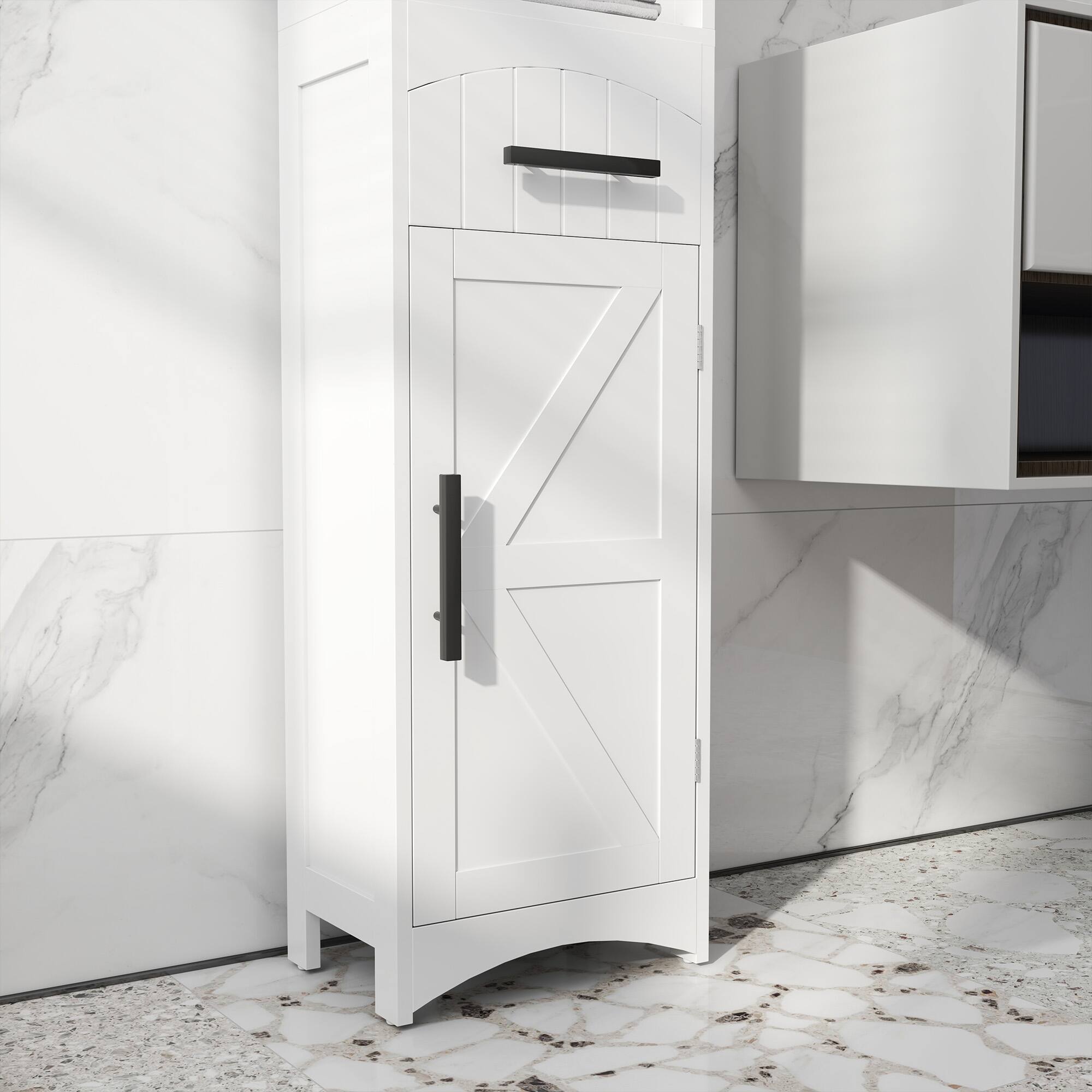 Alt View 8. Homcom - Tall Bathroom Storage Cabinet, Farmhouse Style with Recessed Drawer, Barn Door, and Linen Storage - White.