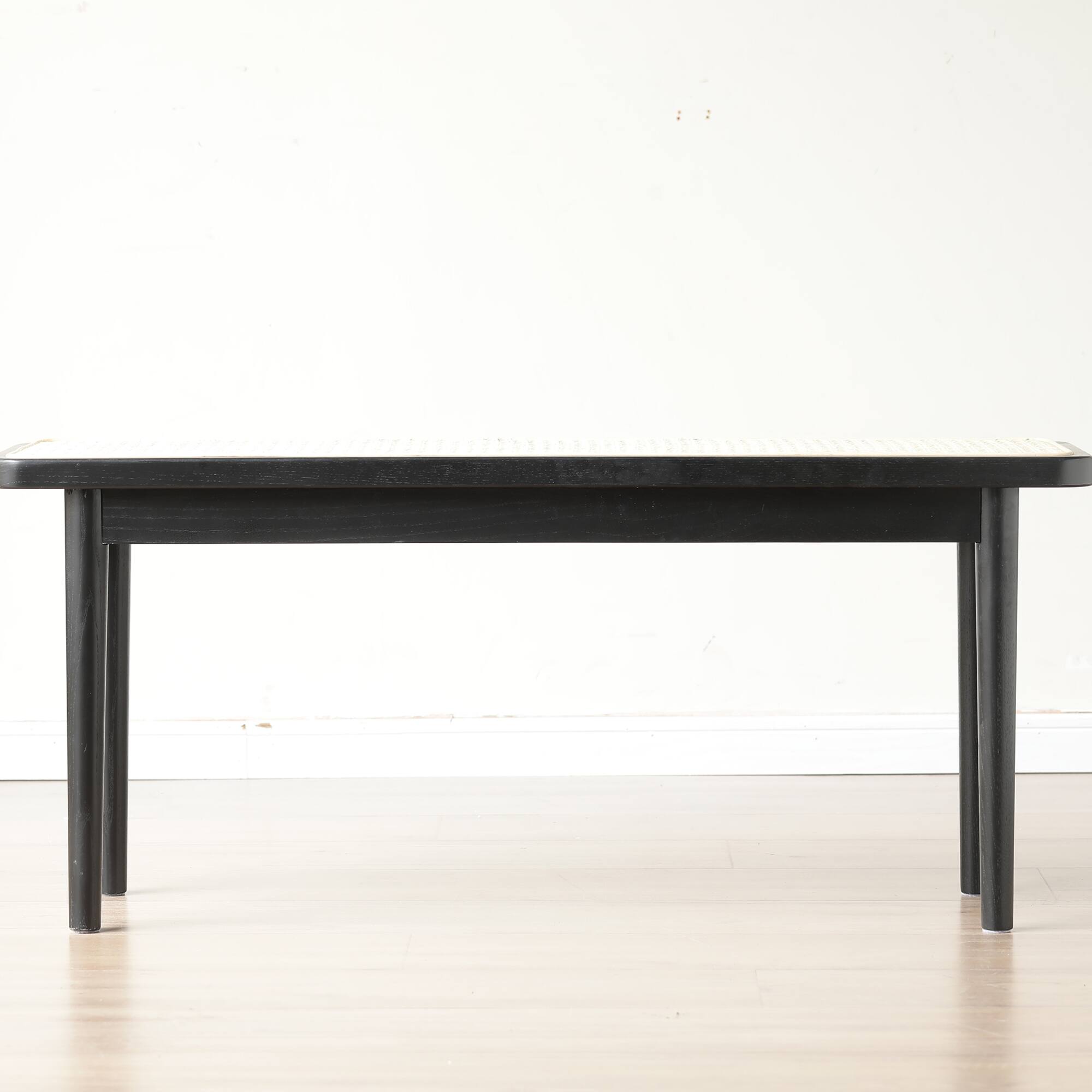 Left. GOODSILO - Solid Oak Wood Dining Bench with Rattan Detail - Versatile Modern Bench for Entryway, Bedroom, and Living Room - Black.