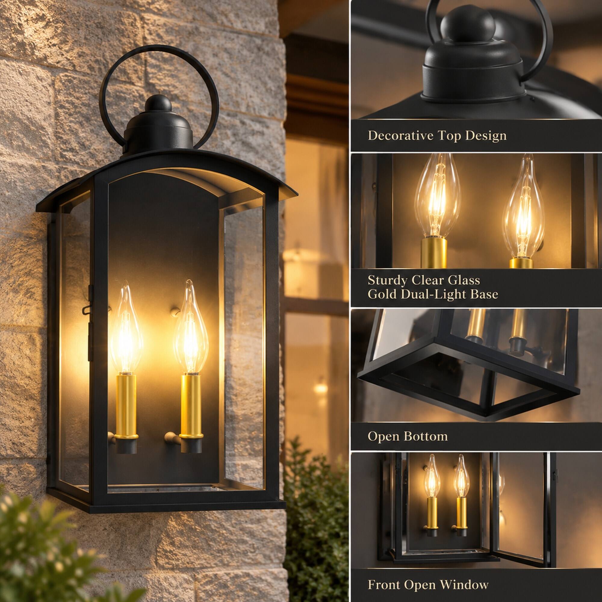 Decorative Top Design  
Sturdy Clear Glass Gold Dual-Light Base  
Open Bottom  
Front Open Window