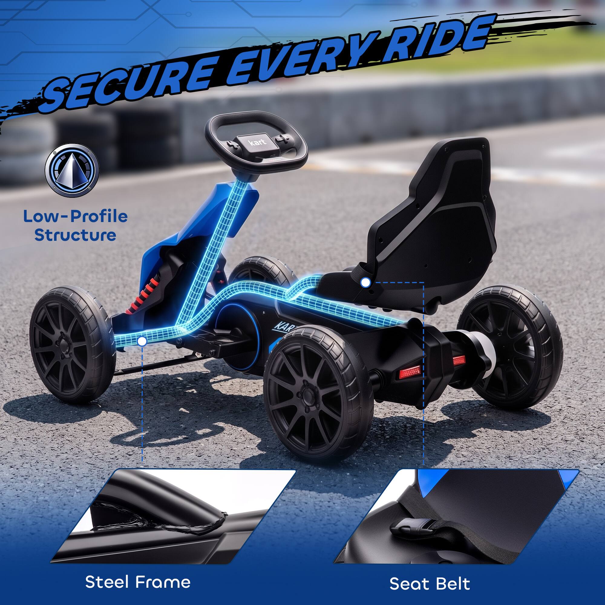 SECURE EVERY RIDE

Low-Profile Structure

Steel Frame

Seat Belt