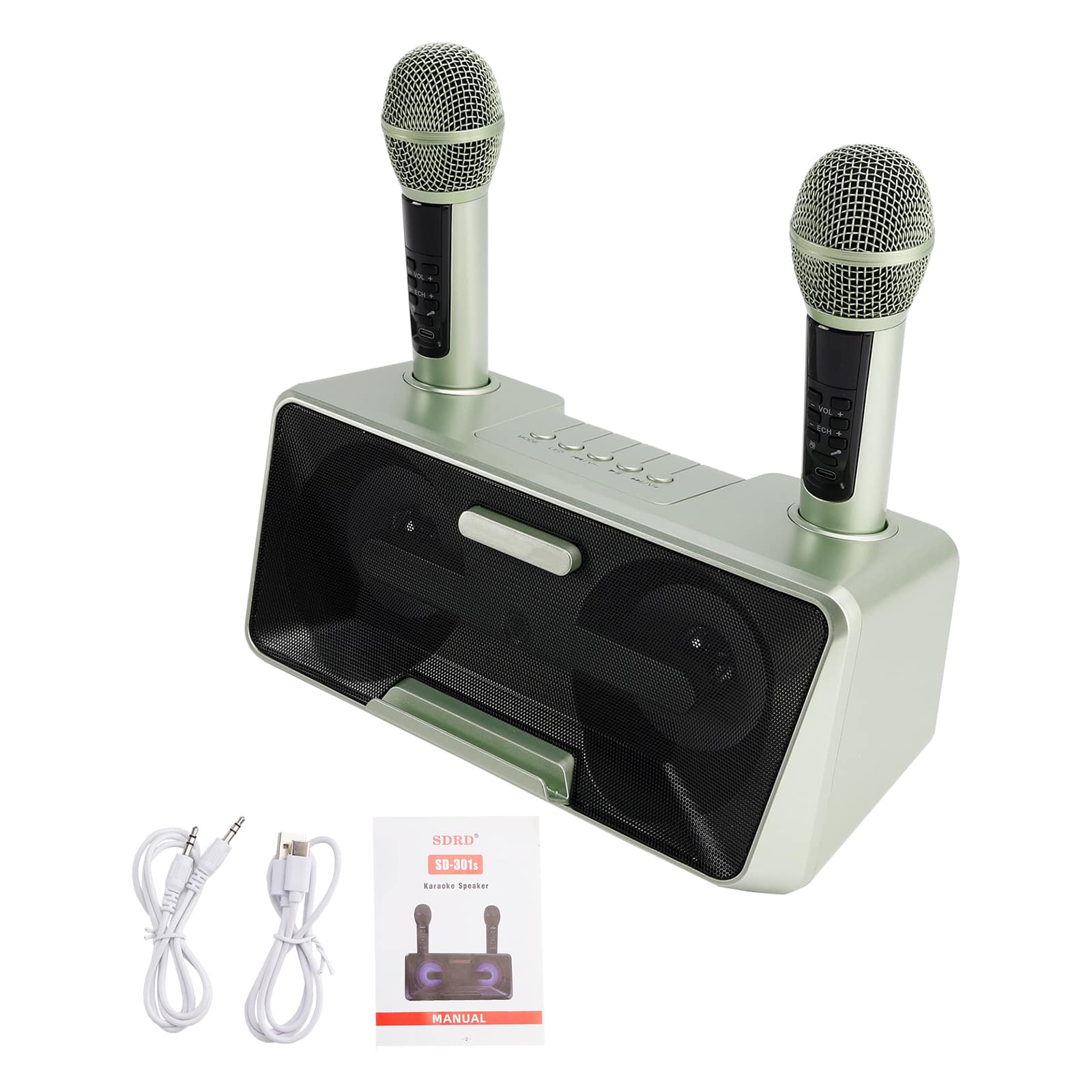 Topteng - 20W Portable Karaoke Speaker with 2 Wireless Mics - BT 5.0, 3000mAh Battery, for Outdoor/Home/Car Party - Green