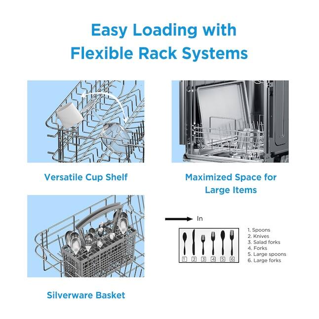 Easy Loading with Flexible Rack Systems

Versatile Cup Shelf

Maximized Space for Large Items

Silverware Basket

In
1. Spoons
2. Knives
3. Salad forks
4. Forks
5. Large spoons
6. Large forks