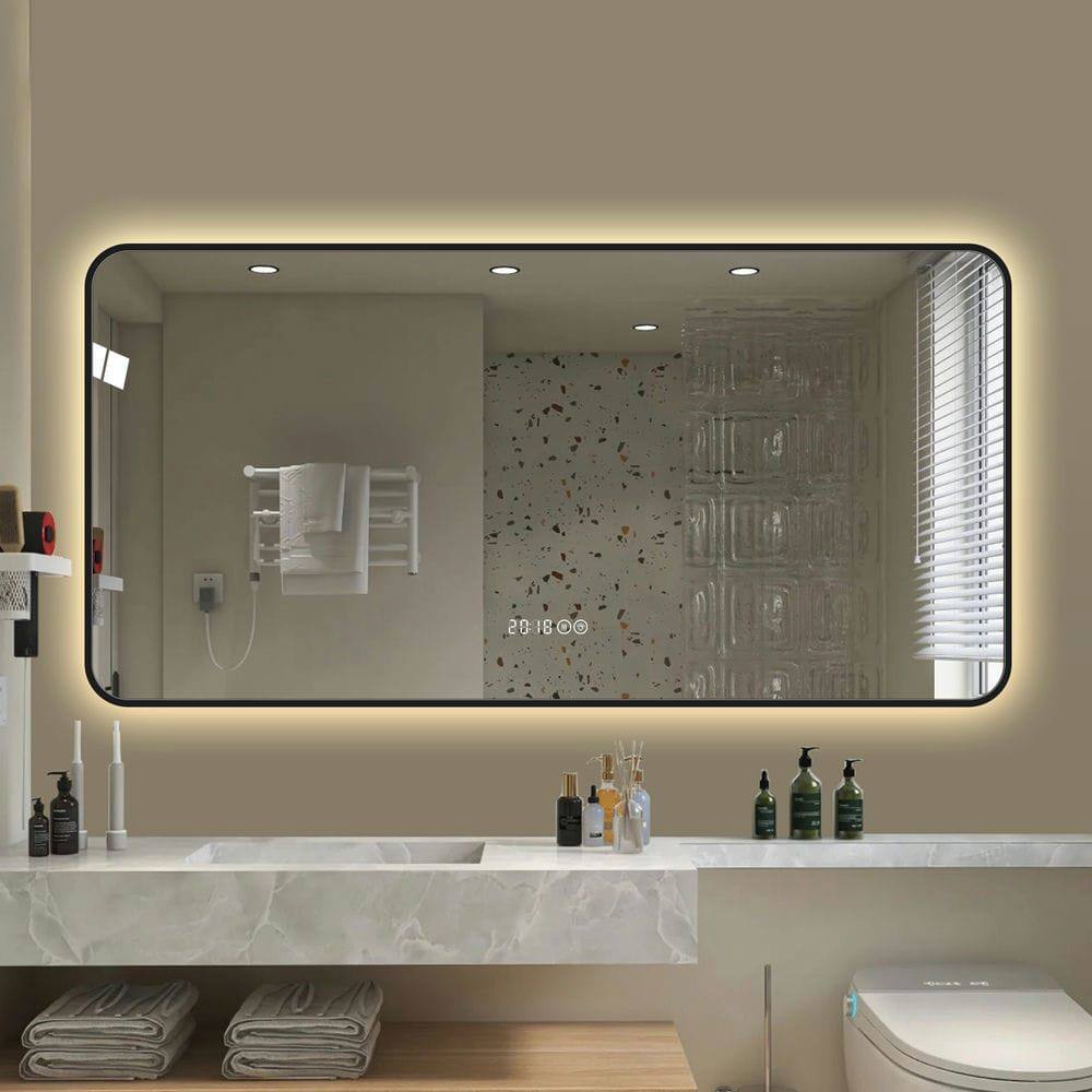 Alt View 8. Kadyn - 48"x32" Black Frame LED Vanity Mirror, Rounded Corners/Temp Display/Tri-Color Light/Anti-Fog HD Tempered Glass, Black.