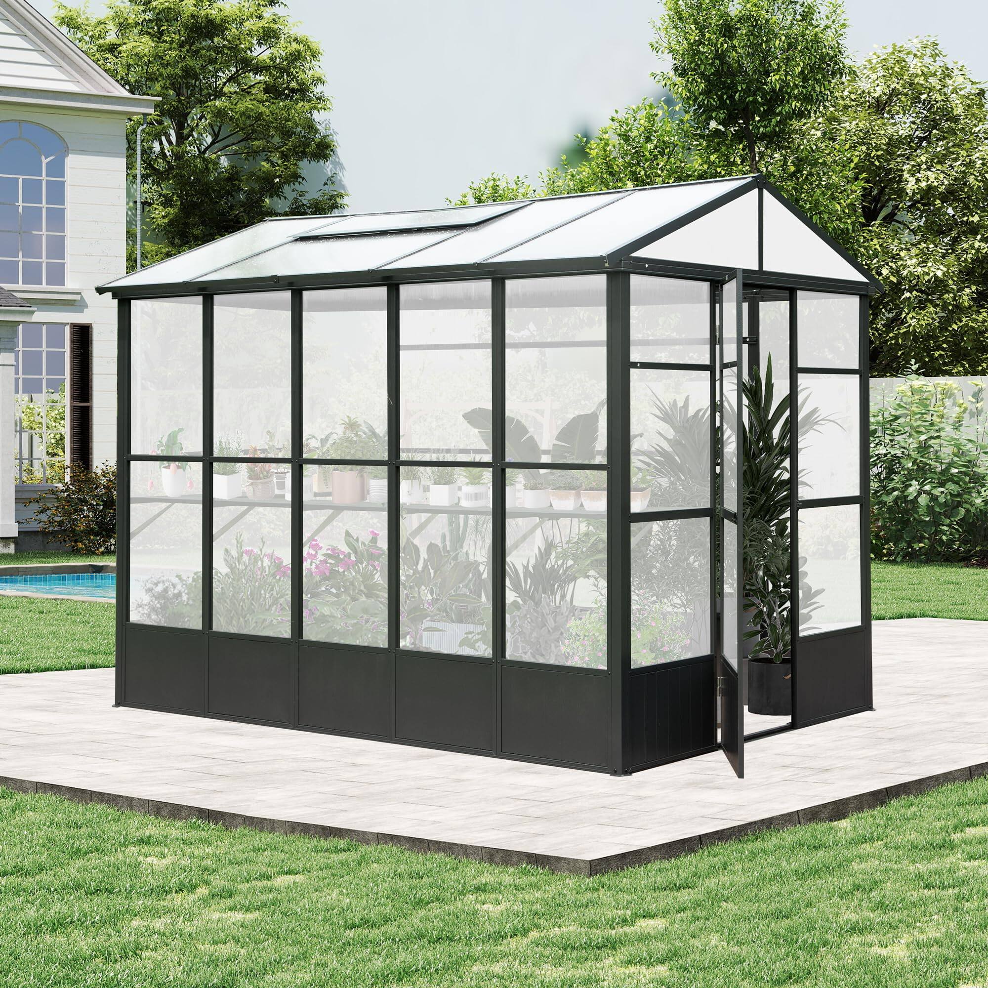 Front. Mondawe - 7.5x10FT Greenhouse, Polycarbonate with Auto Vent, Aluminum Frame - Dark Gray.