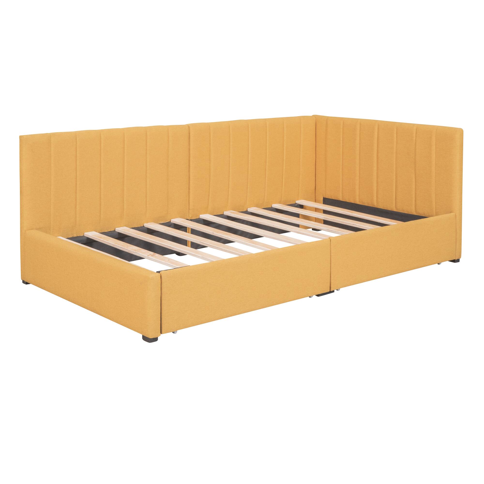 Left. Tiramisubest - Upholstered Daybed with 2 Storage Drawers Twin Size Sofa Bed Frame No Box Spring Needed, Linen Fabric (Yellow) - Yellow.