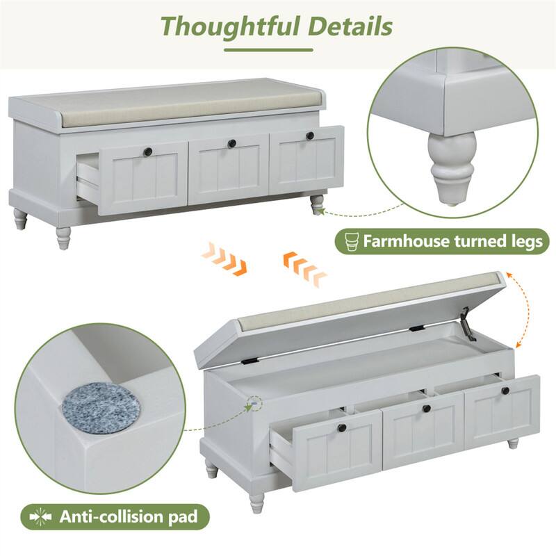 Thoughtful Details

- Farmhouse turned legs
- Anti-collision pad