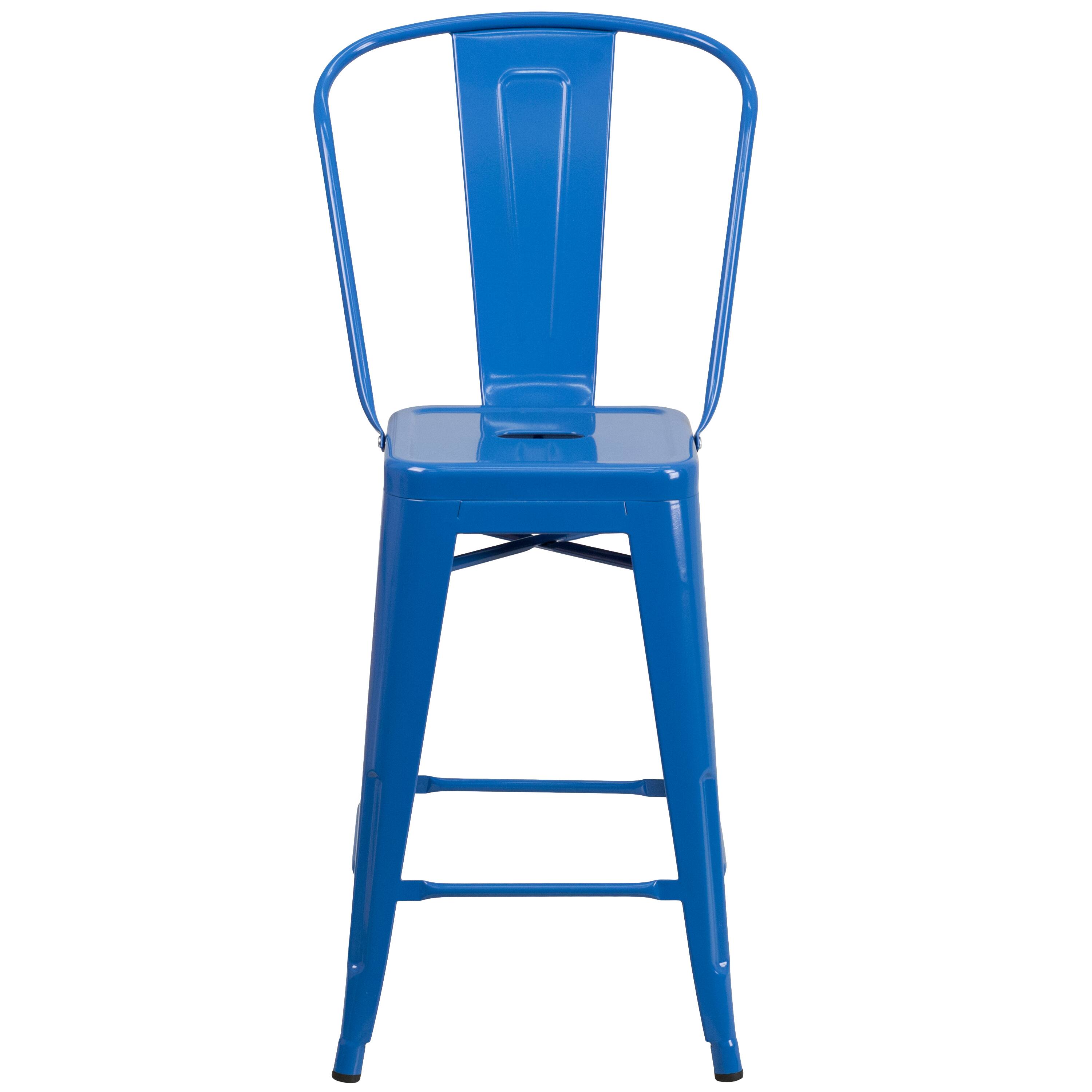 Alt View 7. Emma + Oliver - Commercial Grade 24"H Colorful Metal Indoor-Outdoor Counter Stool with Back - Blue.