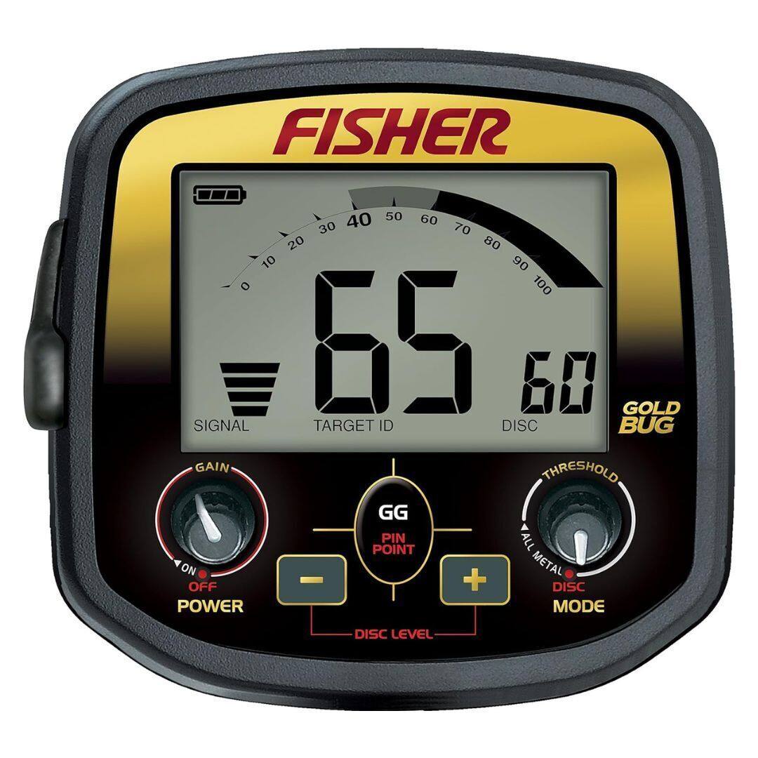 FISHER

65 60

SIGNAL TARGET ID DISC

GG PIN POINT

GAIN THRESHOLD

POWER OFF

DISC LEVEL

ALL METAL DISC MODE

GOLD BUG