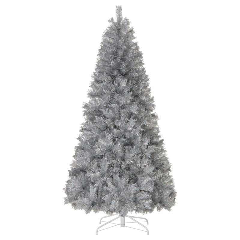 WELLFOR - 7ft Pre‑litHinged Artificial Christmas Tree with 807 Branch Tips &400 LED Lights, ‑Tinsel Xmas Tree - Silver