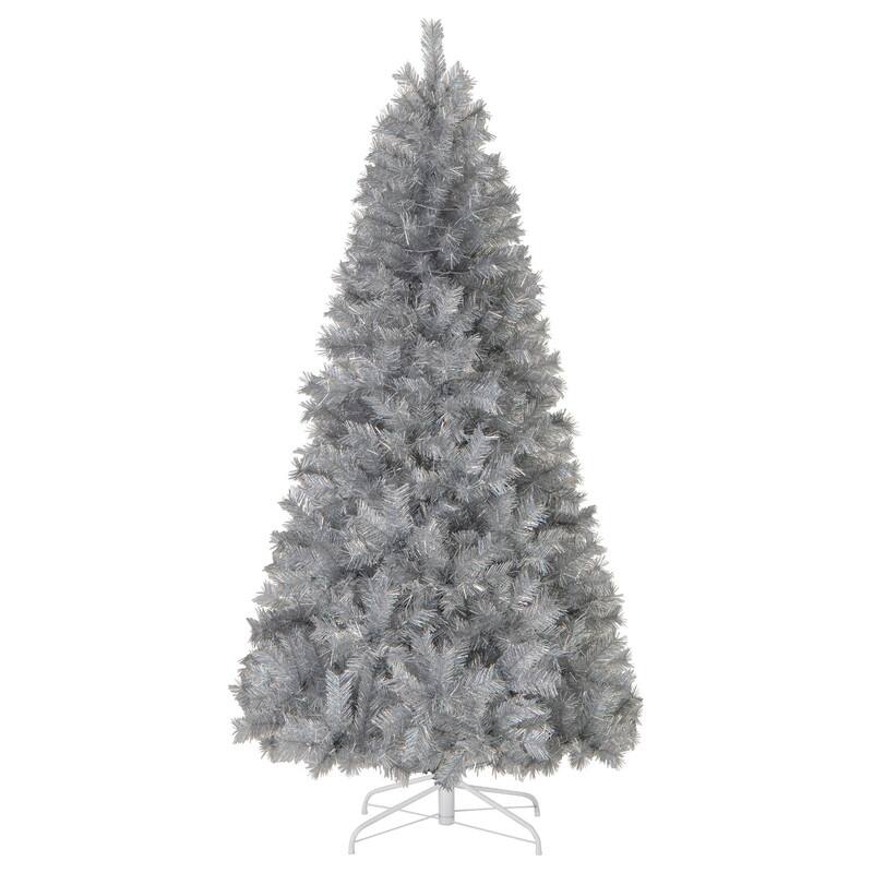 Front. WELLFOR - 7ft Pre‑litHinged Artificial Christmas Tree with 807 Branch Tips &400 LED Lights,  Silver‑Tinsel Xmas Tree - Silver.