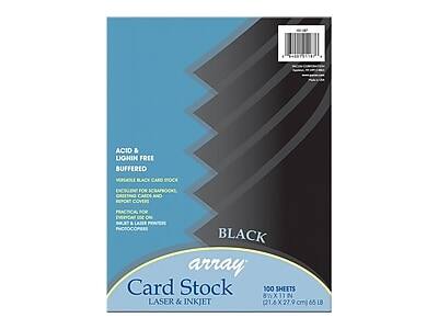 ACID & LIGNIN FREE BUFFERED  
BLACK CARD STOCK  
FOR SCRAPBOOKS, GREETING CARDS, REPORT COVERS, AND MORE  

EXCELLENT FOR  
GREETING CARDS  
REPORT COVERS  
PHOTOCOPIES  
PHOTOCONSERVATION  

BLACK  
array  
Card Stock  
LASER & INKJET  

100 SHEETS  
8.5 X 11 IN (21.6 X 27.9 CM)  
65 LB