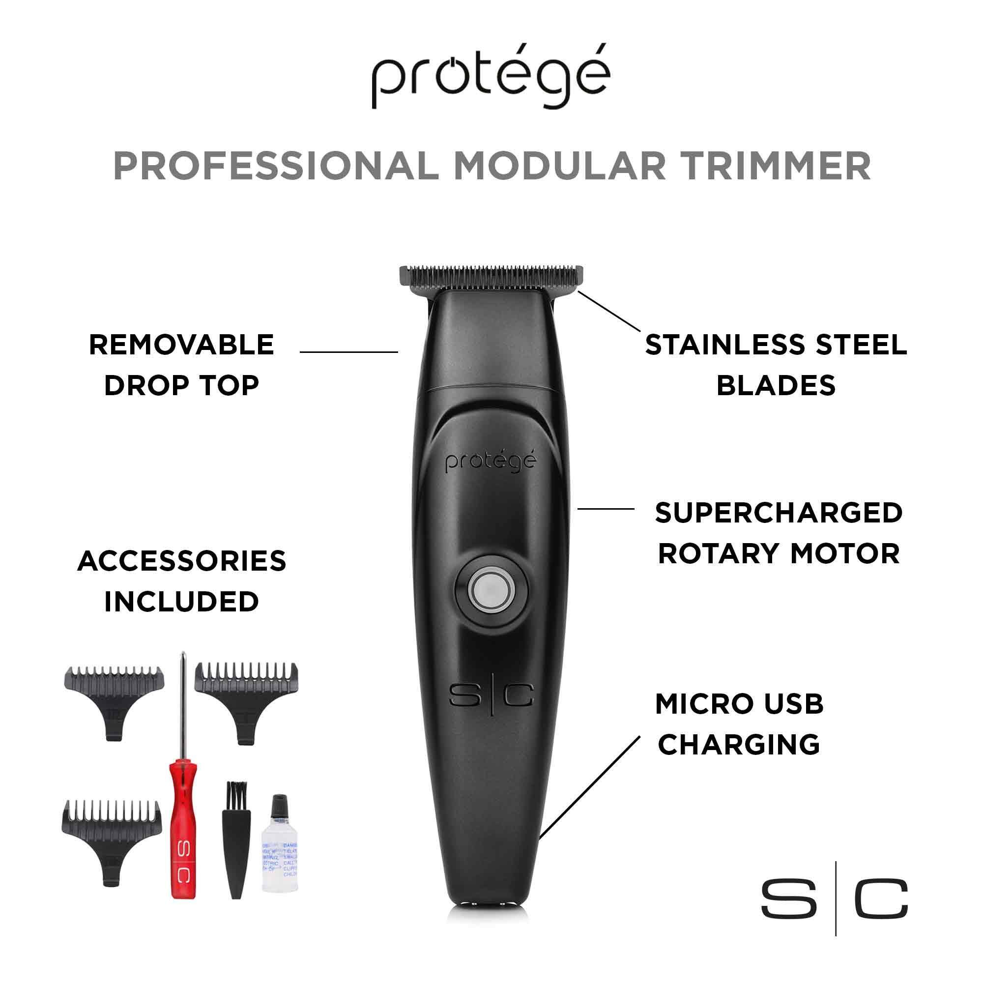 protégé PROFESSIONAL MODULAR TRIMMER REMOVABLE DROP TOP STAINLESS STEEL BLADES ACCESSORIES INCLUDED SUPERCHARGED ROTARY MOTOR MICRO USB CHARGING S C