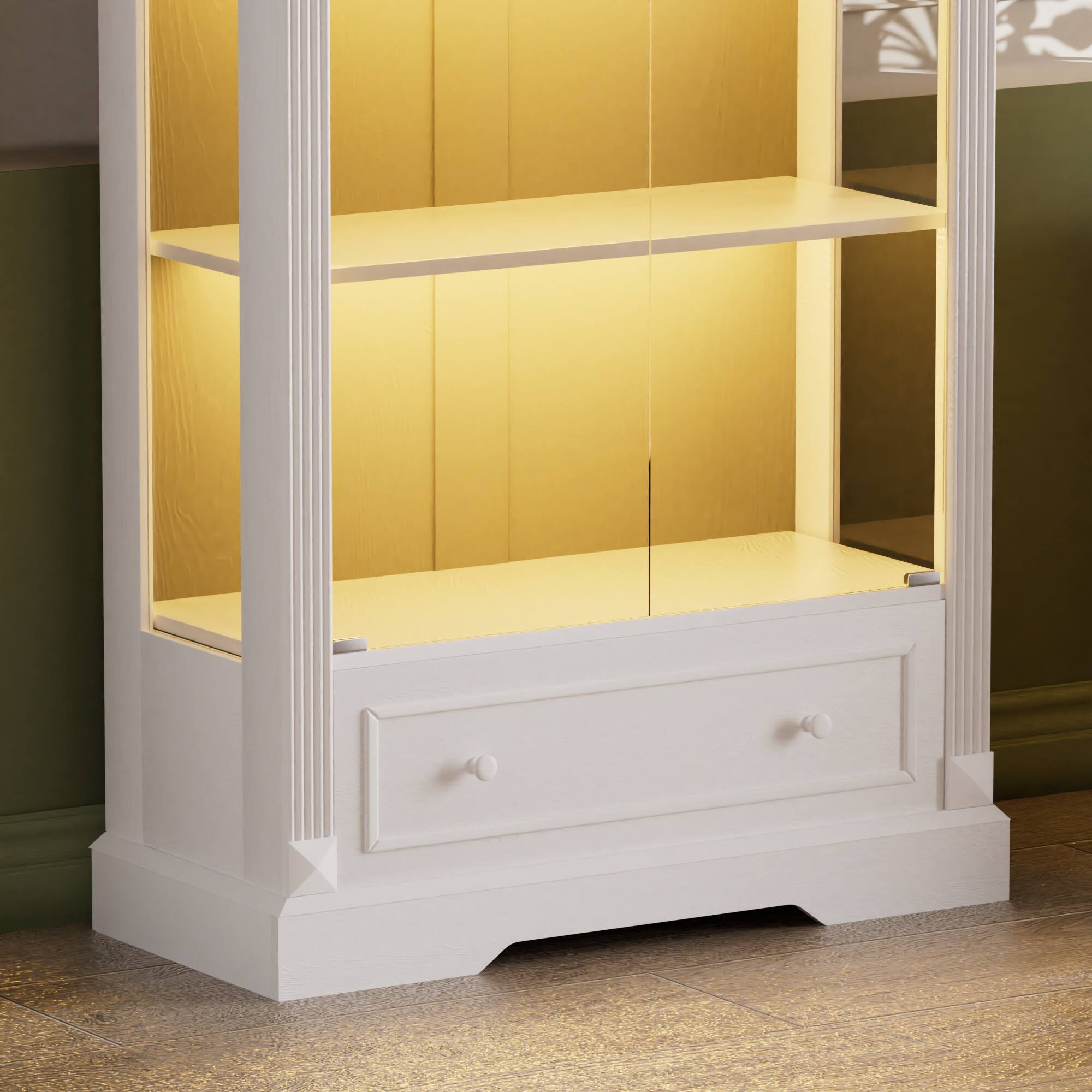 Alt View 10. Loheer - Loheer 70.9 Inch Arched Display Cabinet with Glass Doors and LED Lights, White Farmhouse Kitchen Storage Cabinet - White.