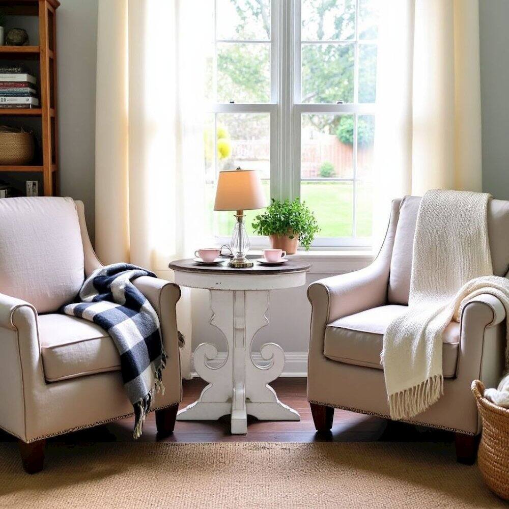 Alt View 2. Starlight Canyon Home - Antique White Round Side Table Accent Piece for Rustic Living Rooms - White.