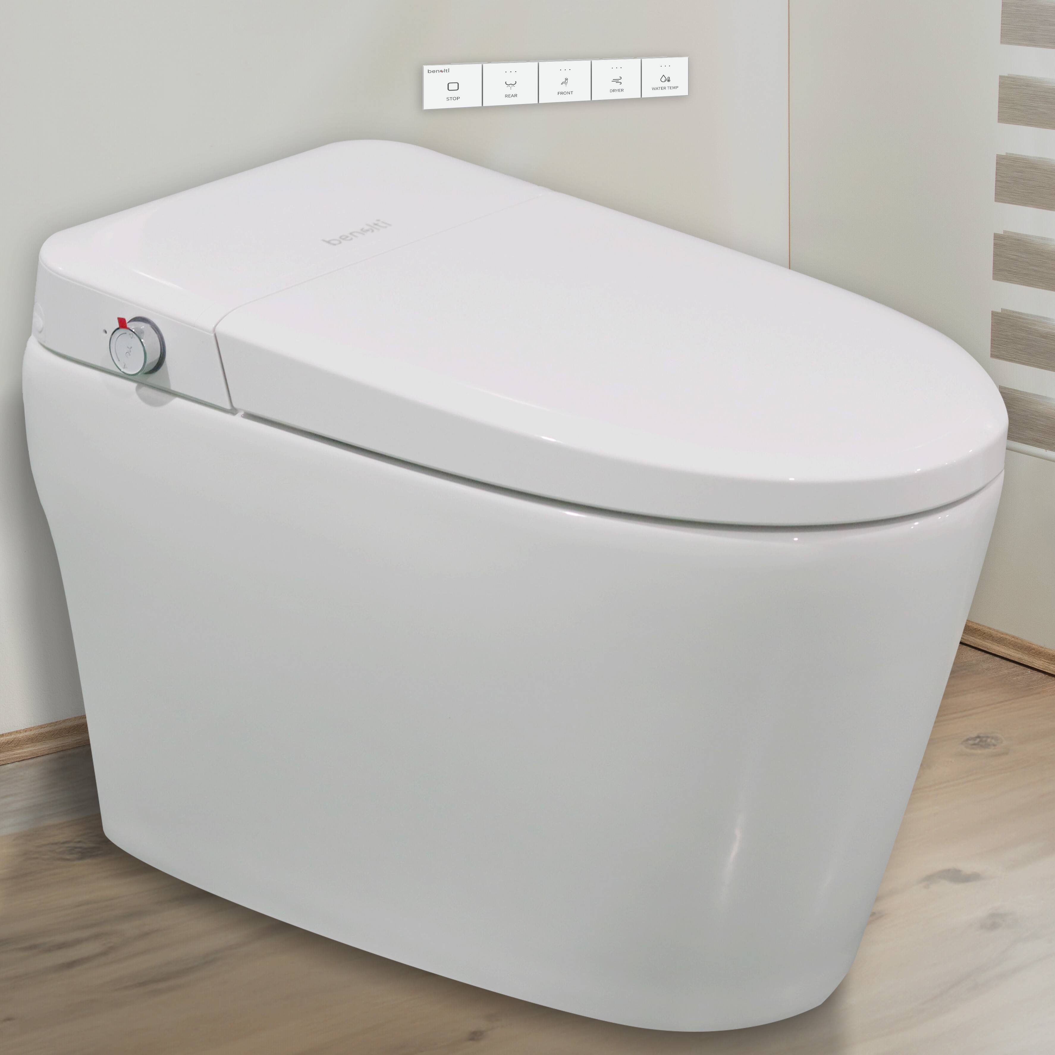 Angle. Benolti - 6100SA Smart Bidet Toilet, 1.28 GPF, White, UV Clean, Auto Flush, Heated Seat, Auto Open/Close, Elongated, Tankless - White.