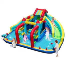 Costway - Inflatable Water Park with Climbing Wall Splash Pool Water Cannons Blower Excluded - Multicolor