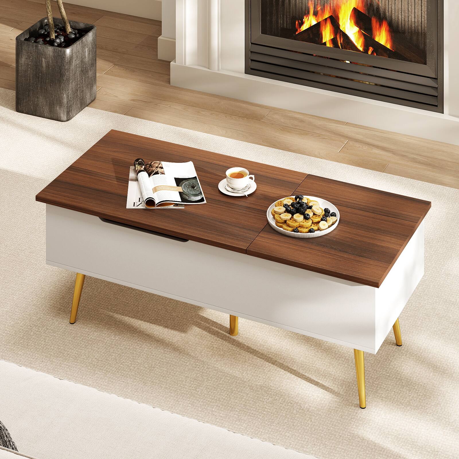 Alt View 4. Costway - Costway Lift Top Coffee Table w/ Storage Multi-Functional Home Center Accent Table for Living Room - Walnut,White,Gold.