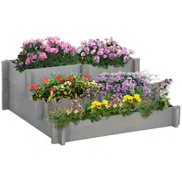 Outsunny - 3-Tier Raised Garden Bed with 5 Compartments and Bed Liner, Fir Wood Elevated Planter Box, for Vegetables 37 x 37 x 14in - Gray
