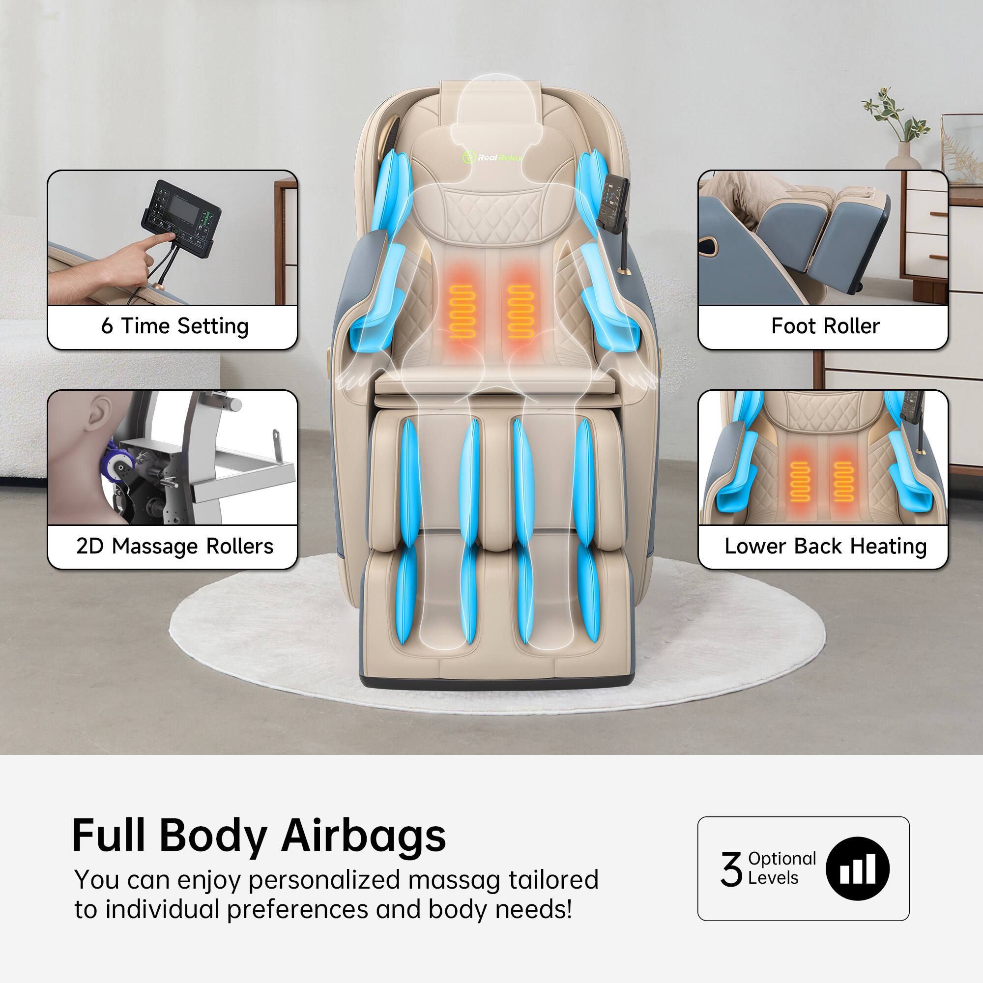 Full Body Airbags

You can enjoy personalized massage tailored to individual preferences and body needs!

6 Time Setting

2D Massage Rollers

Foot Roller

Lower Back Heating

3 Optional Levels