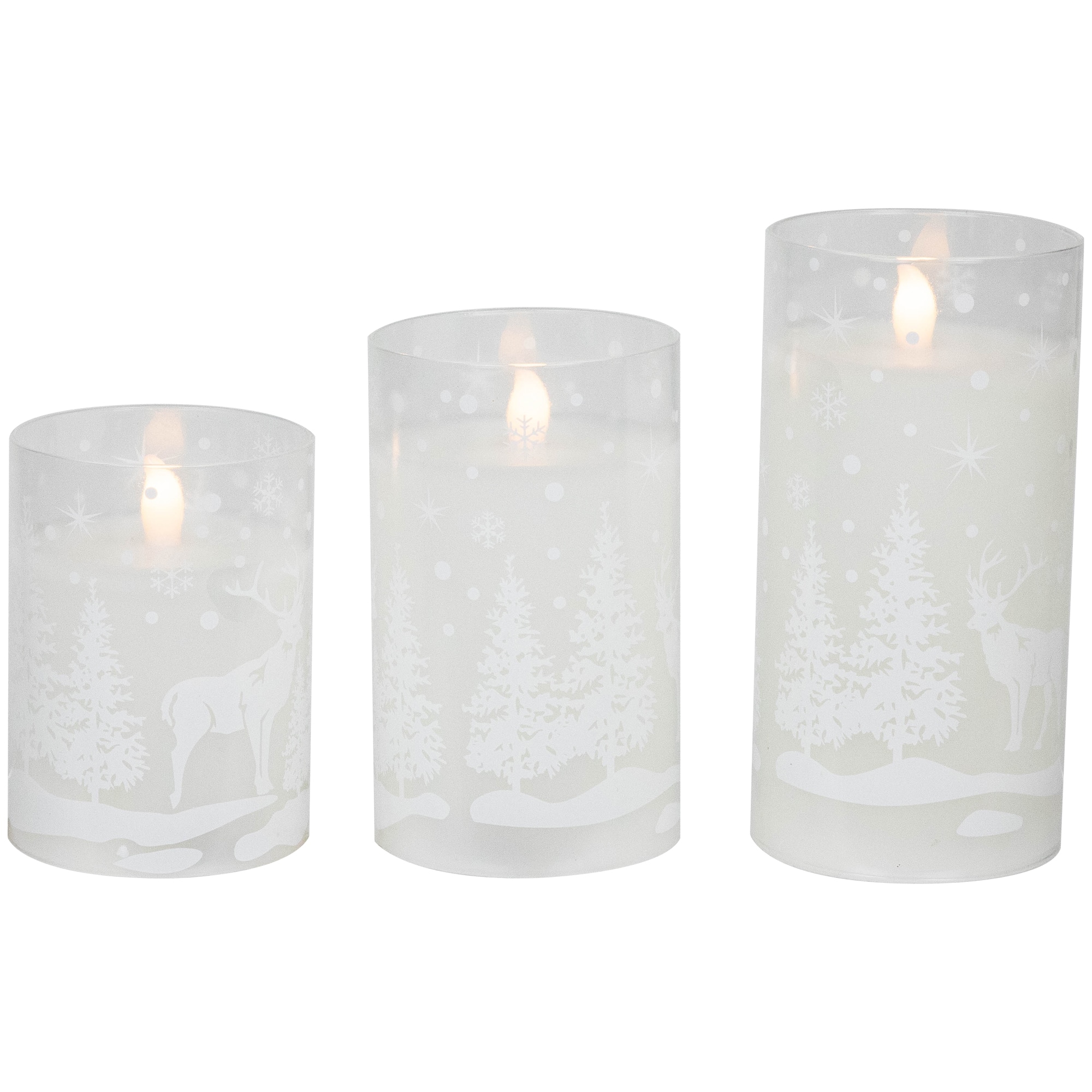 Northlight - LED Flameless Flickering Snowy Woodland Glass Christmas Pillar Candles - 6" - Set of 3 - White