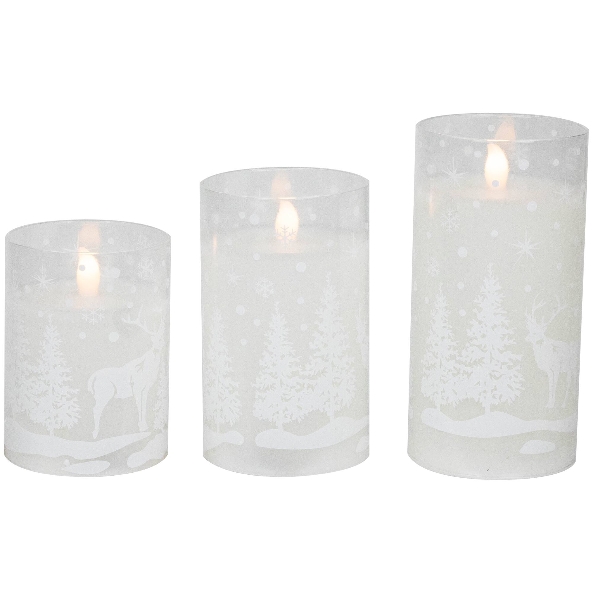 Front. Northlight - LED Flameless Flickering Snowy Woodland Glass Christmas Pillar Candles - 6" - Set of 3 - White.