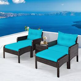 Gymax - 5PCS Patio Set Sectional Rattan Wicker Furniture Set w/ Turquoise Cushion - as pic