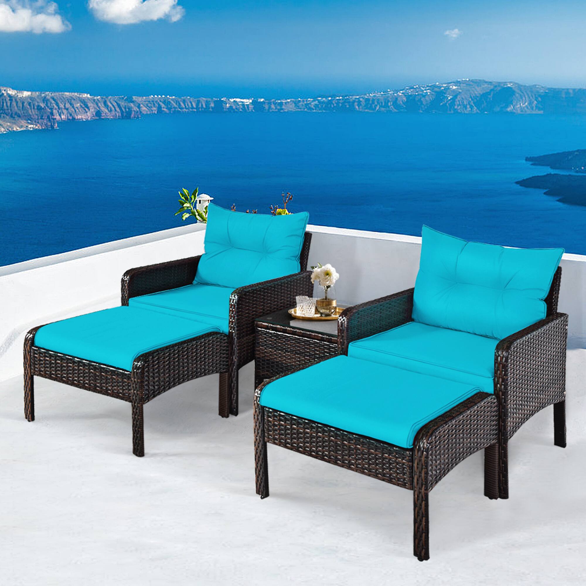 Front. Gymax - Gymax 5PCS Patio Set Sectional Rattan Wicker Furniture Set w/ Turquoise Cushion - as pic.