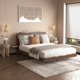 LUCKY ONE - Queen Size Floating Bed Frame with Led Lights and Charging Station - Walnut