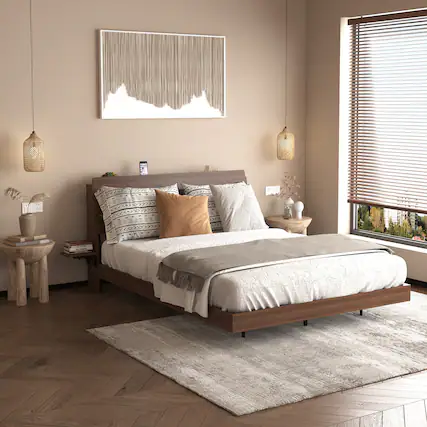 Front. LUCKY ONE - Queen Size Floating Bed Frame with Led Lights and Charging Station - Walnut.