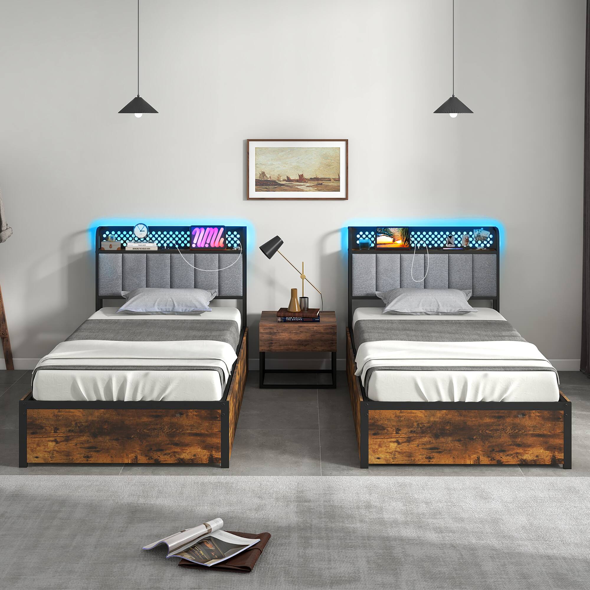 Alt View 4. Gymax - Gymax LED Bed Frame Twin Size w/ Charging Station Upholstered Headboard 4 Drawers - Rustic Brown, Black.