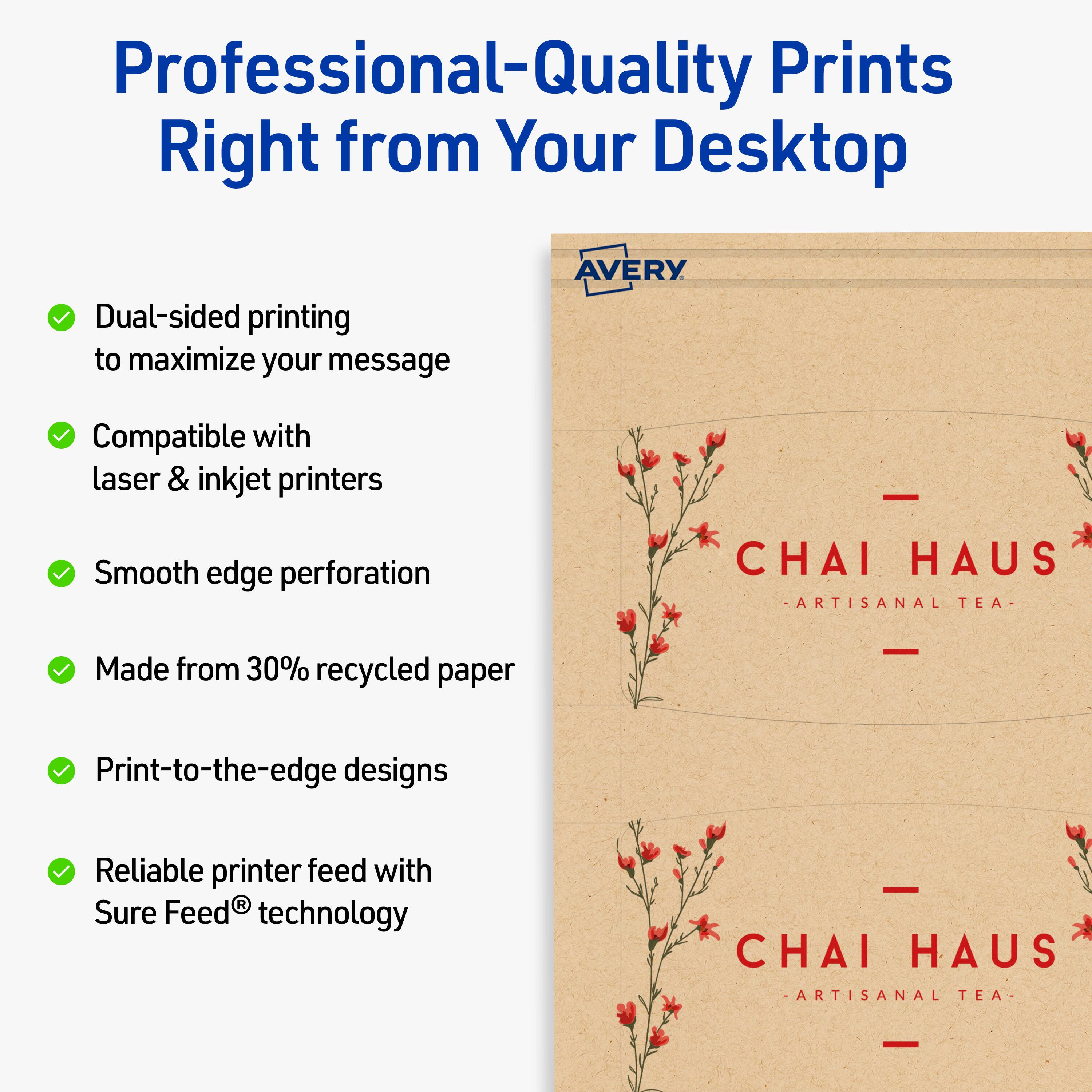 Professional-Quality Prints Right from Your Desktop

- Dual-sided printing to maximize your message
- Compatible with laser & inkjet printers
- Smooth edge perforation
- Made from 30% recycled paper
- Print-to-the-edge designs
- Reliable printer feed with Sure Feed® technology

CHAI HAUS - ARTISANAL TEA