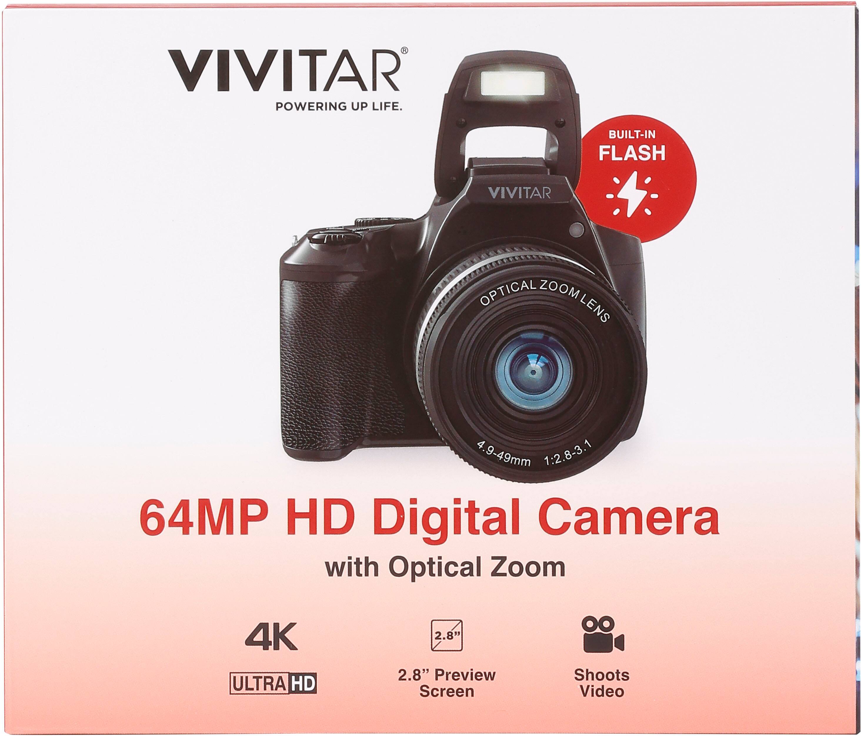 VIVITAR POWERING UP LIFE. BUILT-IN FLASH VIVITAR OPTICAL ZOOM LENS 1 4.9-49mm 1:2.8-3.1 64MP HD Digital Camera with Optical Zoom 4K ULTRA HD 2.8" Preview Screen Shoots Video