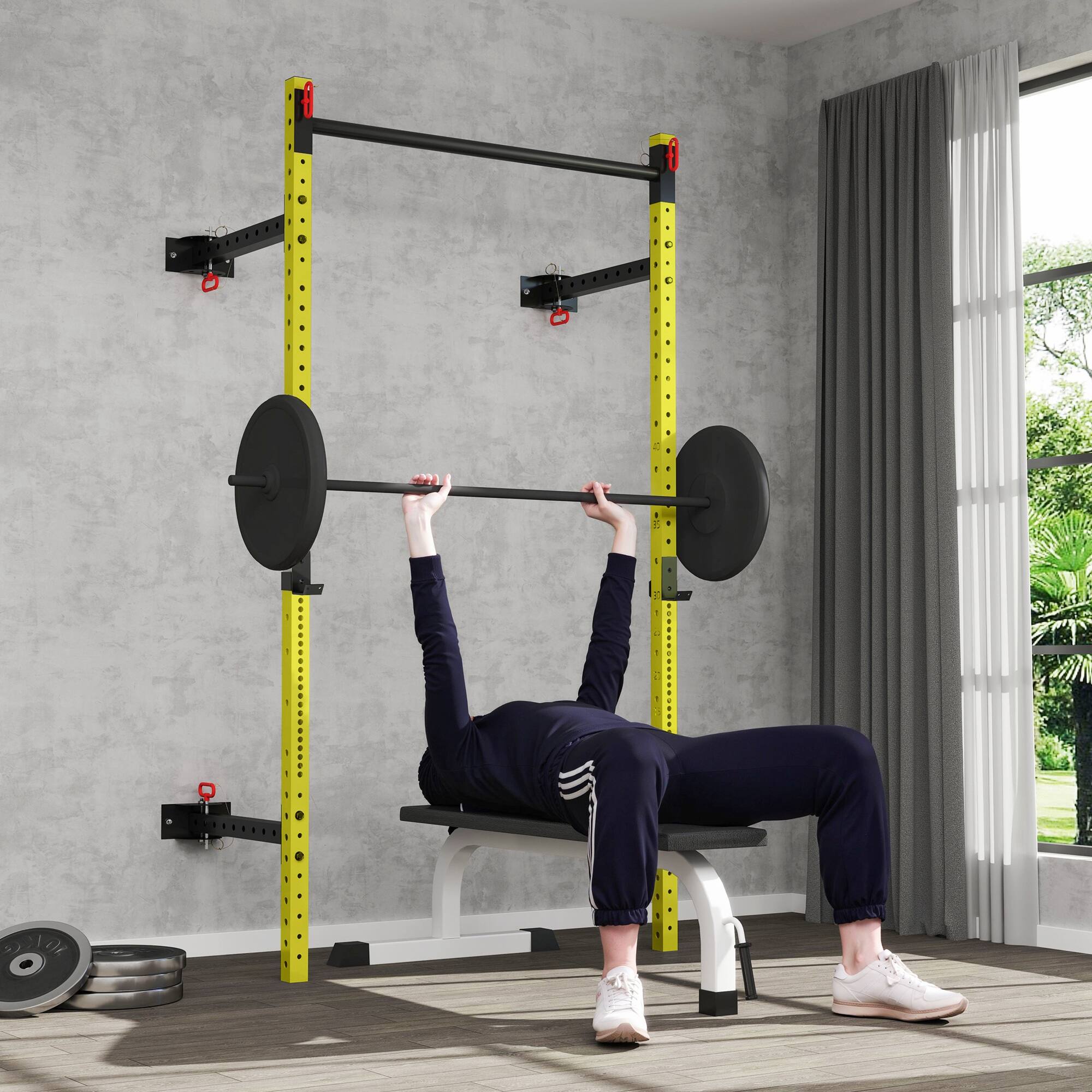 Alt View 1. Soozier - Squat Rack with Pull Up Bar, Wall Mounted and Adjustable - Yellow.