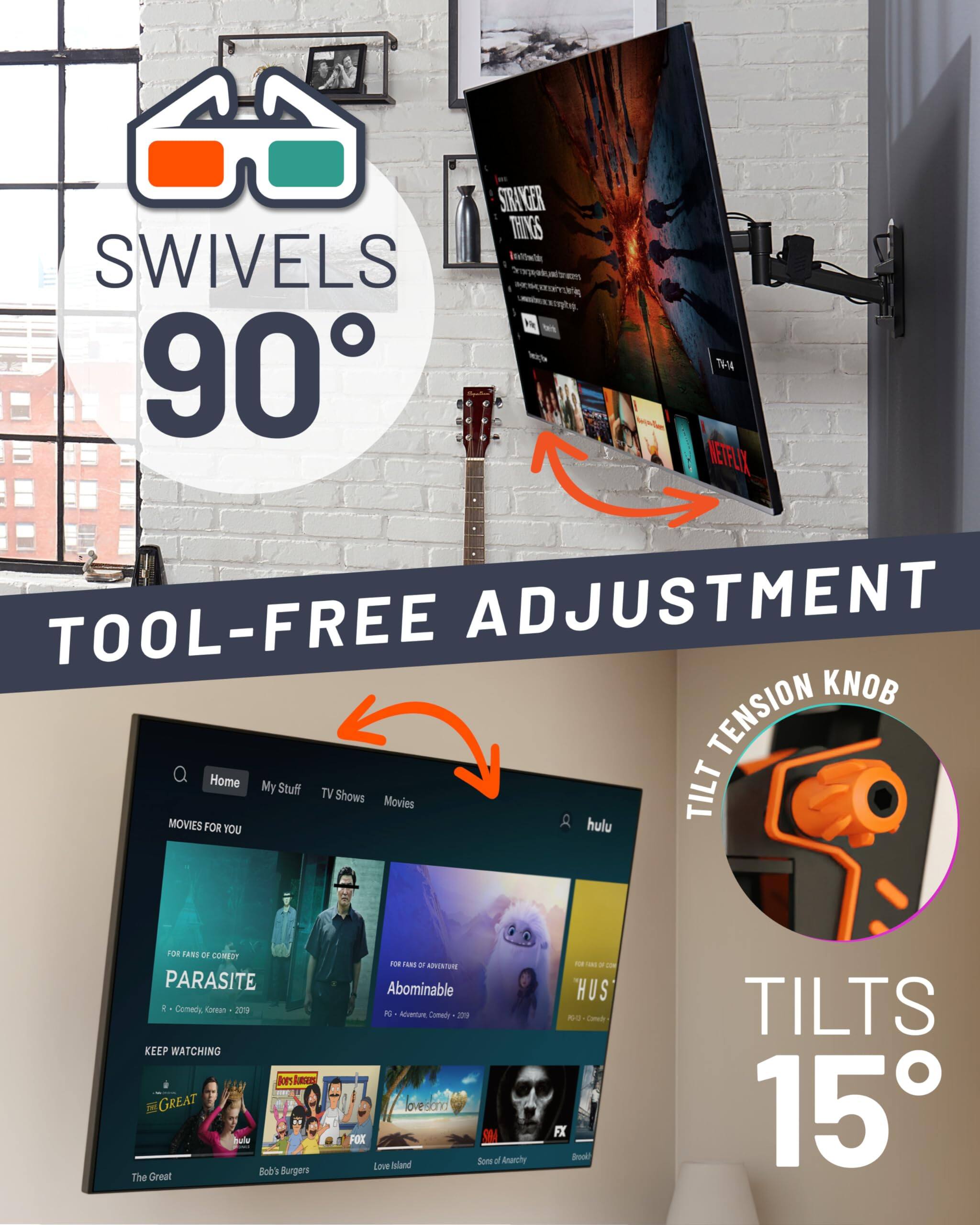 STRANGER THINGS SWIVELS 90° TOOL-FREE ADJUSTMENT KNOB TENSION Home My Stuff MOVIES TV Shows Movies A HULU TILTS 15° FOR FANS OF COMEDY PARASITE - Comedy, Korea 2019 KEEP WATCHING The Great Bob's Burgers Love Island Som of Anarchy Brookh Abominable - Adventure, Comedy 2019 HUS - Comedy FX