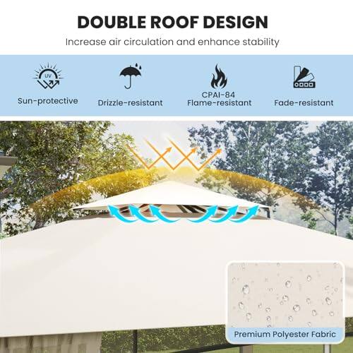 DOUBLE ROOF DESIGN, Increase air circulation and enhance stability, UV, CPAI-84, Sun-protective, Drizzle-resistant, Flame-resistant, Fade-resistant, Premium Polyester Fabric