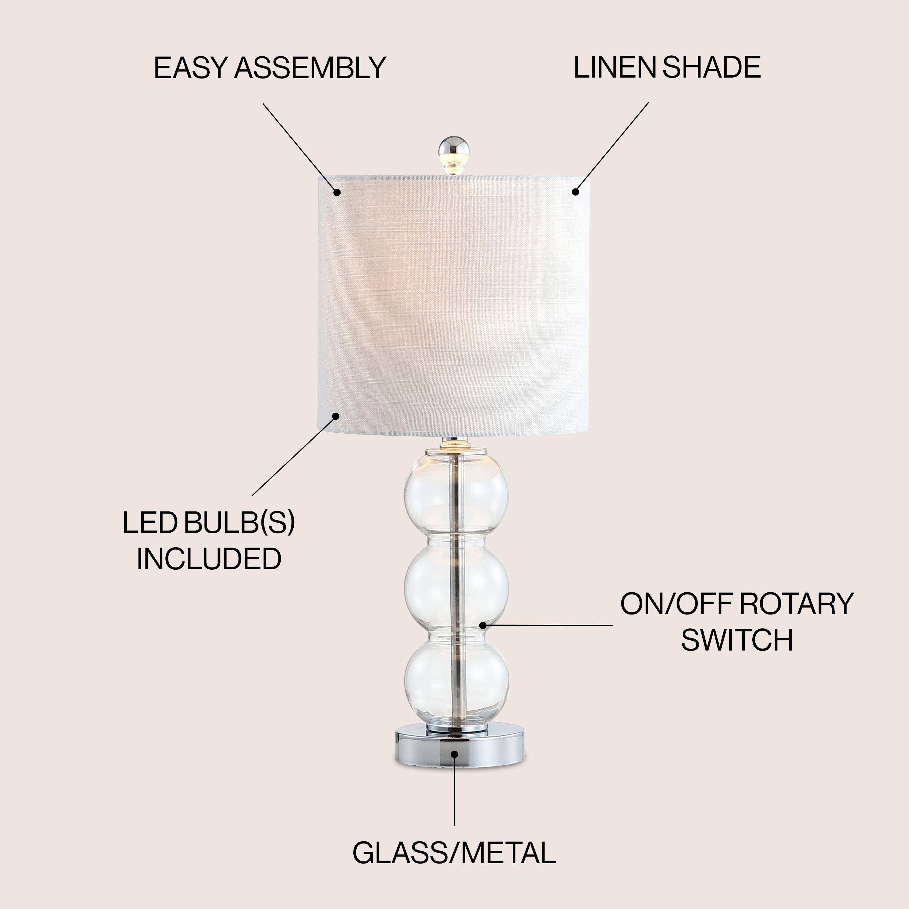 EASY ASSEMBLY  
LINEN SHADE  
LED BULB(S) INCLUDED  
ON/OFF ROTARY SWITCH  
GLASS/METAL