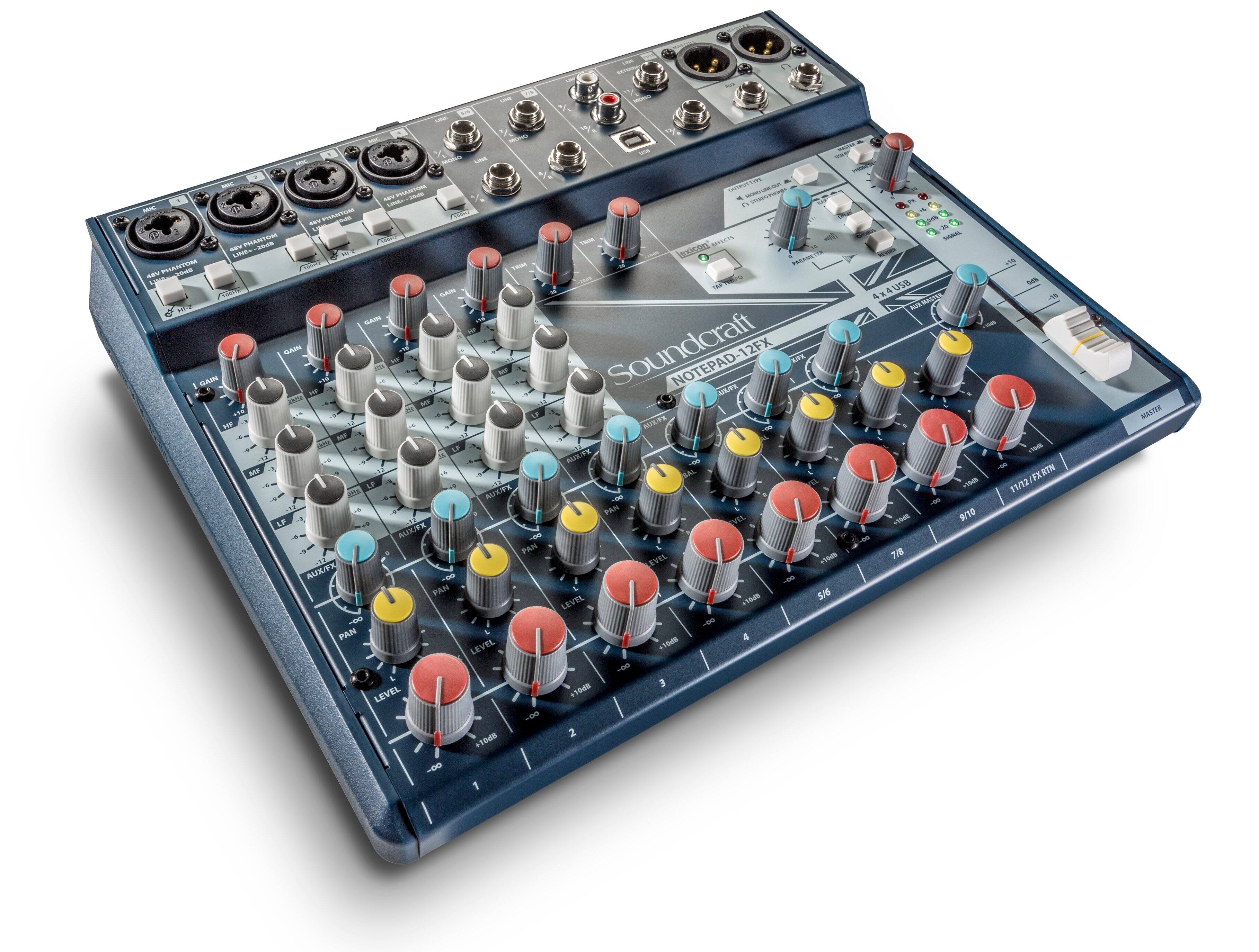 The text on the image is in a foreign language, so it is not possible to group and correct it. However, the image shows a Soundcraft 12FX board with a variety of knobs and switches.