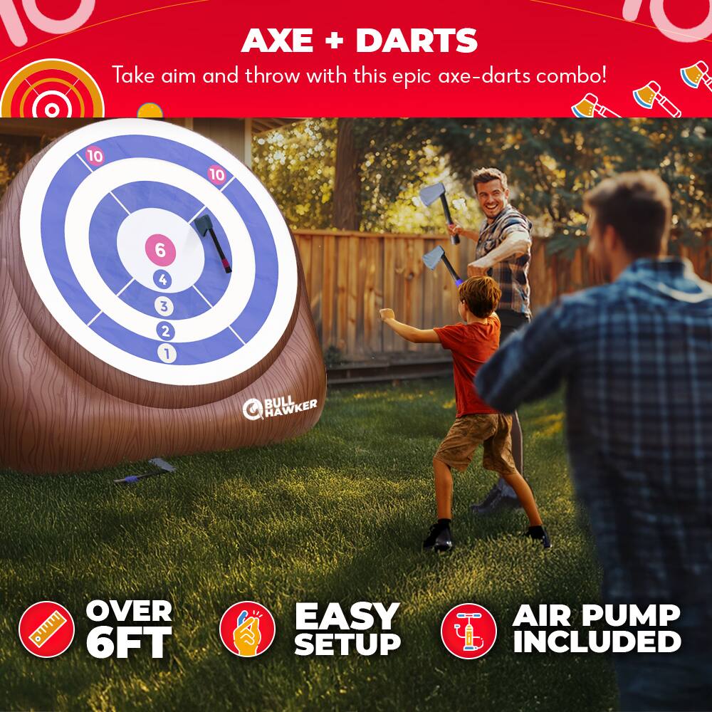 AXE + DARTS  
Take aim and throw with this epic axe-darts combo!  

OVER 6FT  
EASY SETUP  
AIR PUMP INCLUDED  

BULL HAWKER