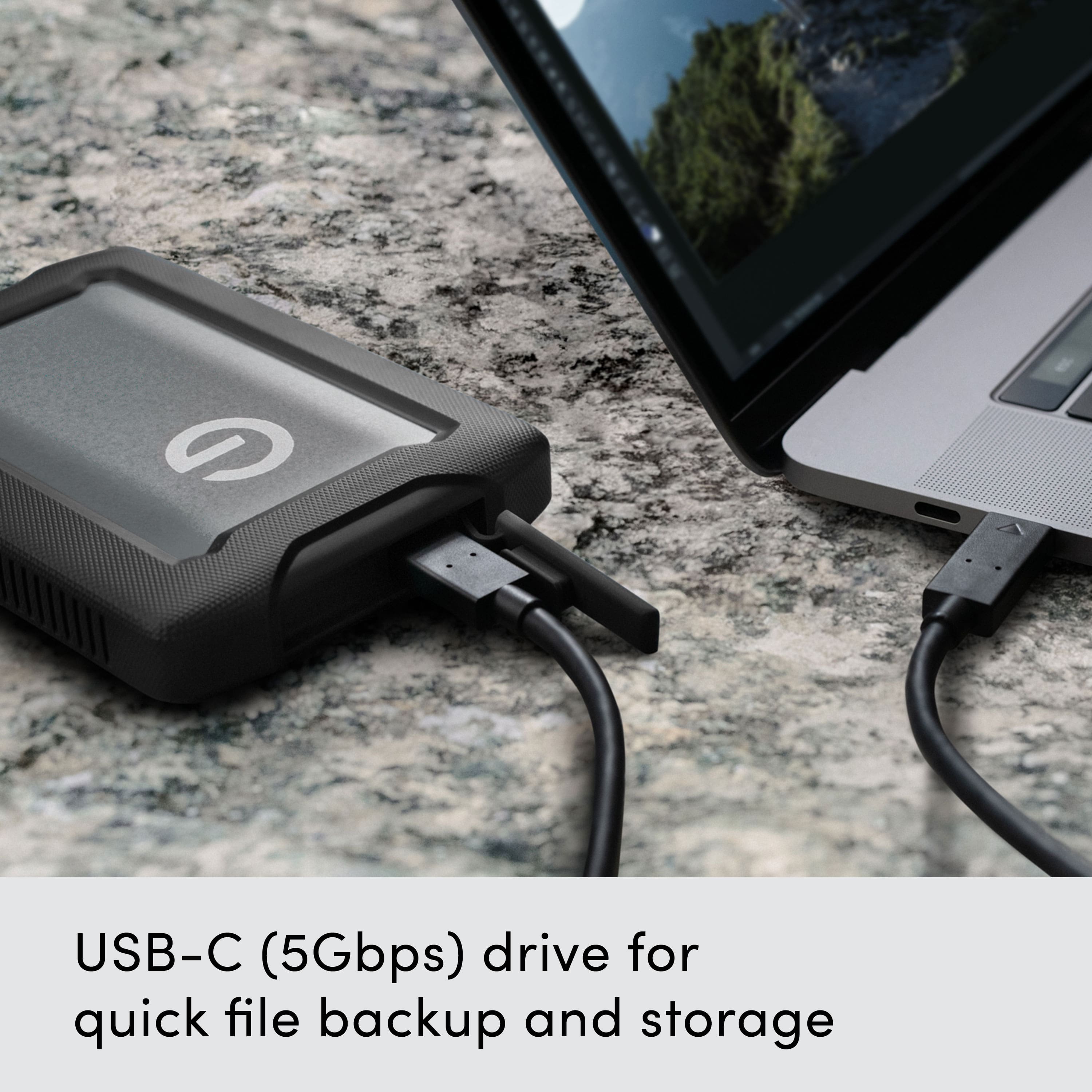 The text on the image reads, "USB-C (5Gbps) drive for quick file backup and storage."
