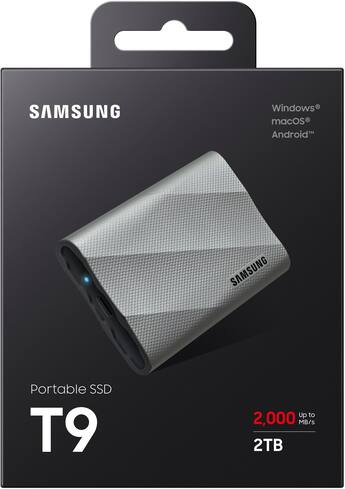 Samsung T9 Portable SSD 2TB, Up to 2,000MB/s, USB 3.2 Gen2 Gray Samsung T9 Portable SSD 2TB, Up to 2,000MB/s, USB 3.2 Gen2 Gray